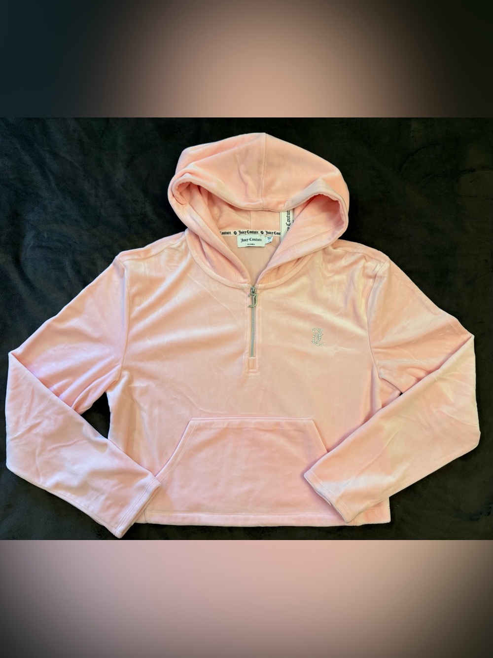 Juicy Couture Pink Velour Quarter-Zip Cropped Hoodie - JC Logo Size L, NWT